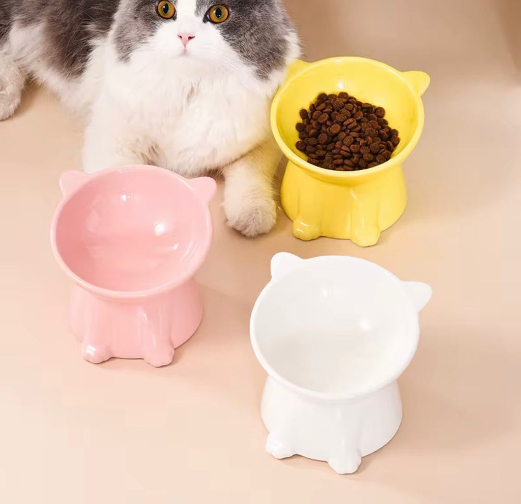 Söt, upphöjd kattmatskål i keramik