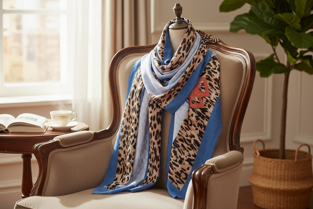 Scarf i blå toner med djurmönster