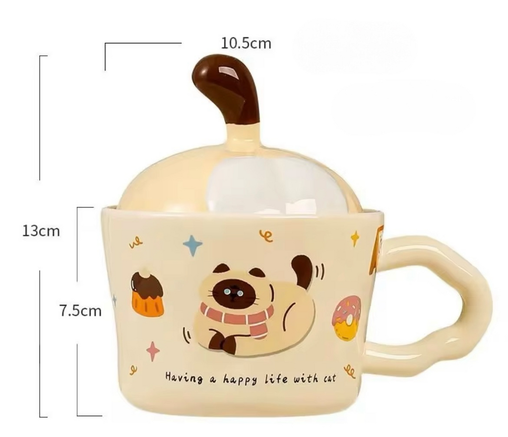 Kopp med lock med kattmotiv i keramik