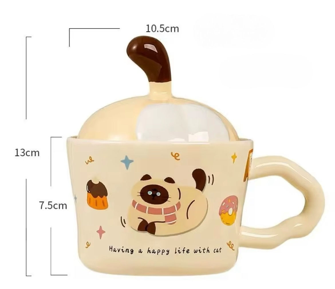 Kopp med lock med kattmotiv i keramik
