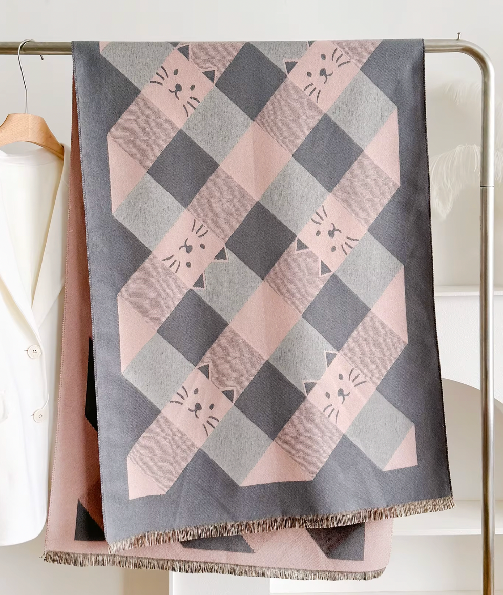 Sjal- Pashmina rutig med katt