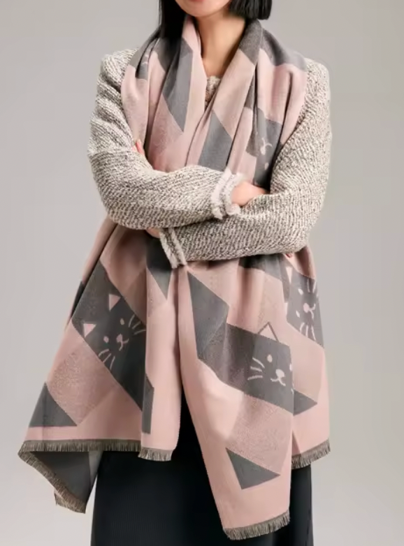 Sjal- Pashmina rutig med katt