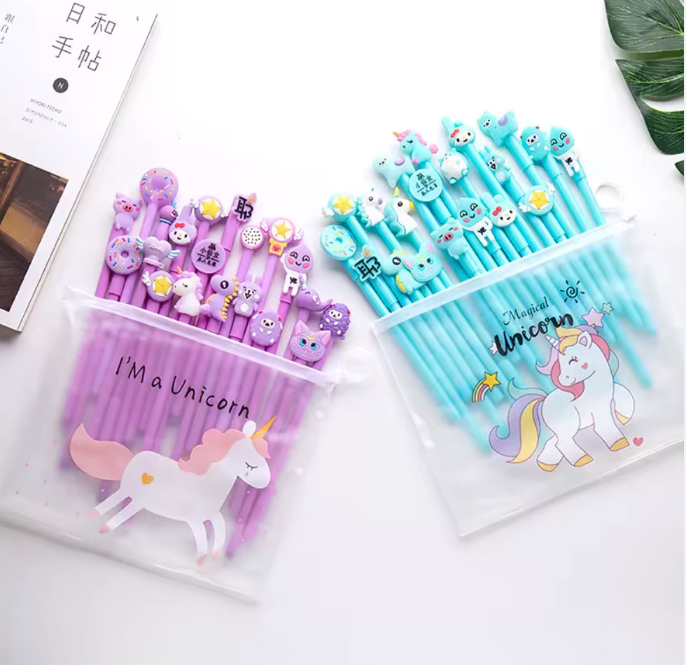 Gelpennor i pennskrin- finns i lila och rosa pack