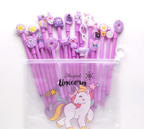 Gelpennor i pennskrin- finns i lila och rosa pack