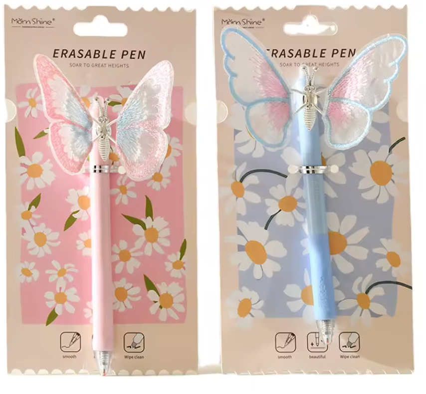 Fjärilspenna med suddbart bläck, finns i rosa och ljusblå