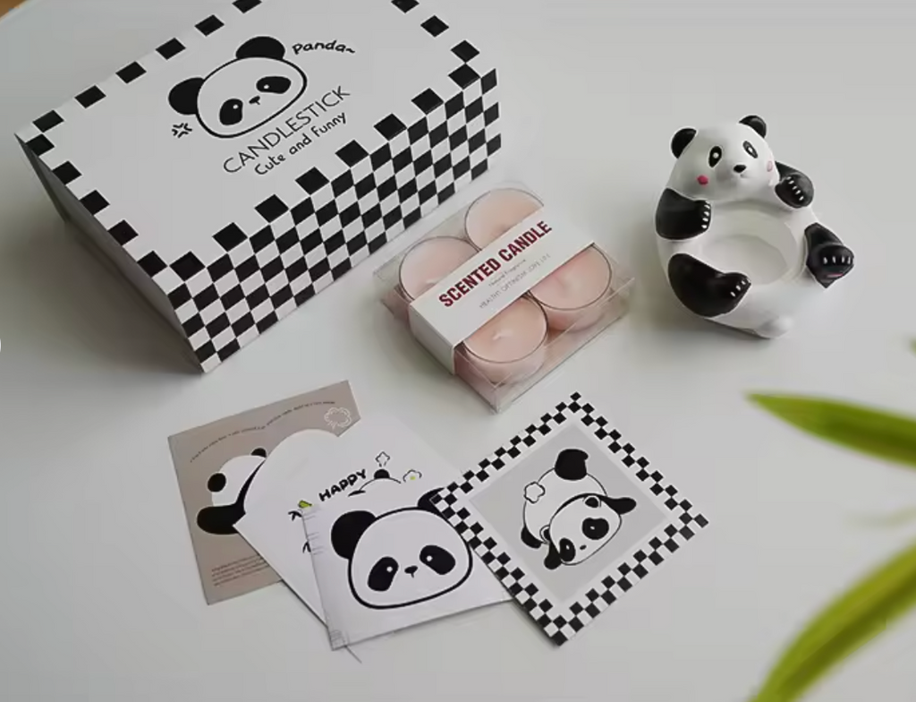 Presentlåda med keramikpanda och medföljande doftljus