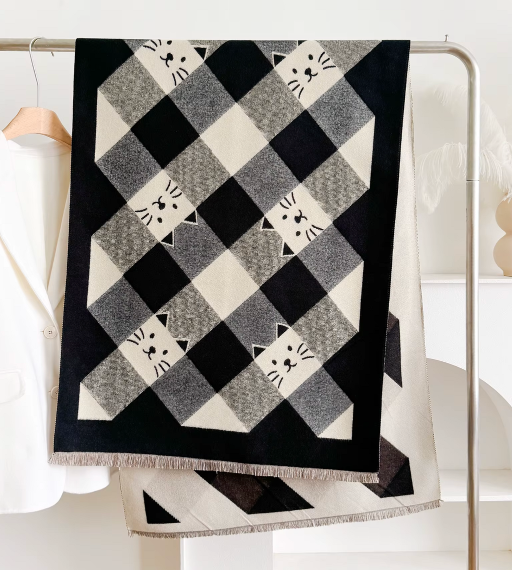 Sjal- Pashmina rutig med katt