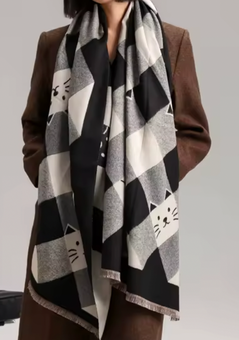 Sjal- Pashmina rutig med katt